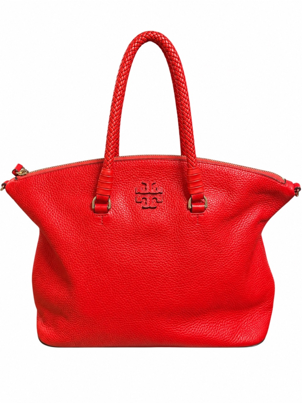 Tory Burch Red Pebbled Leather Large Tote Bag with Braided Handles